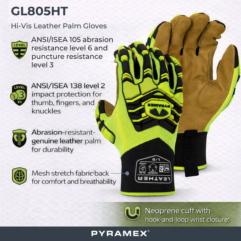 Pyramex GL805HT Leather Palm Level 2 Impact Gloves, Hi-Vis Green, view 2 of 3