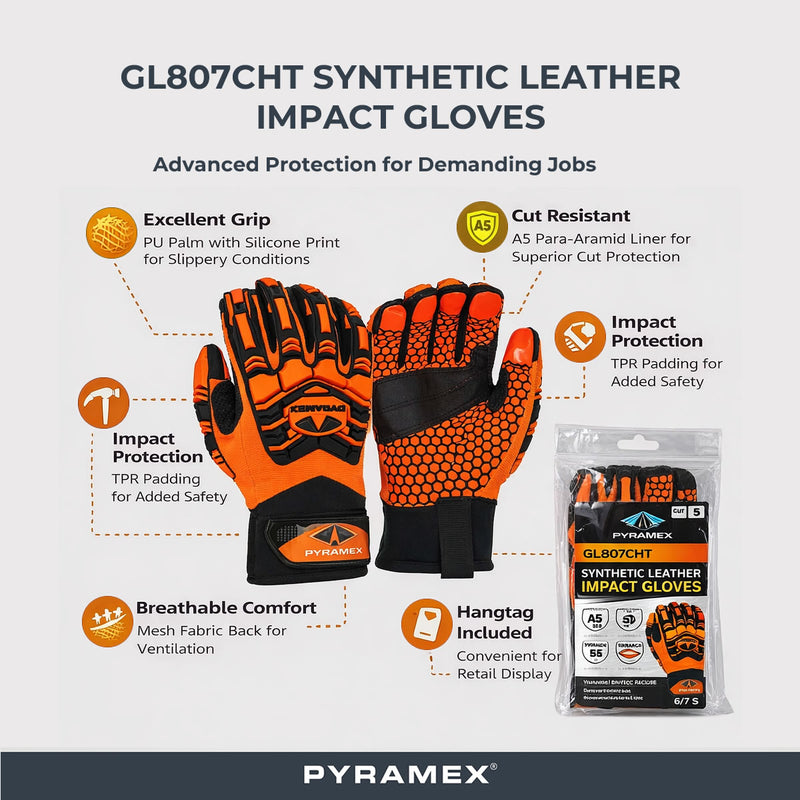 Pyramex GL807CHT Synthetic Leather A5 Cut Level 2 Impact Gloves, Hi-Vis Orange, view 2 of 4