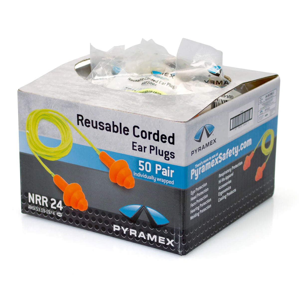 Pyramex RP3001 NRR 25dB Reusable Corded Earplugs, RP3001, 50 Pair, Orange Pyramex RP3001 NRR 25dB Reusable Corded Earplugs, RP3001, 50 Pair, Orange