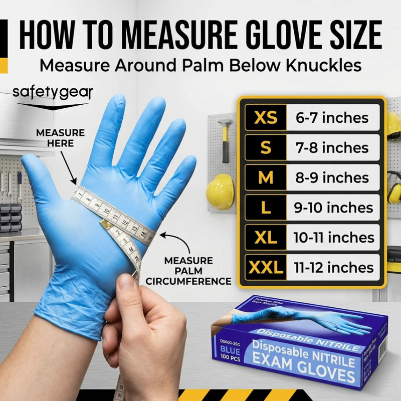 Guide on how to measure glove size with a blue glove and measurement chart.