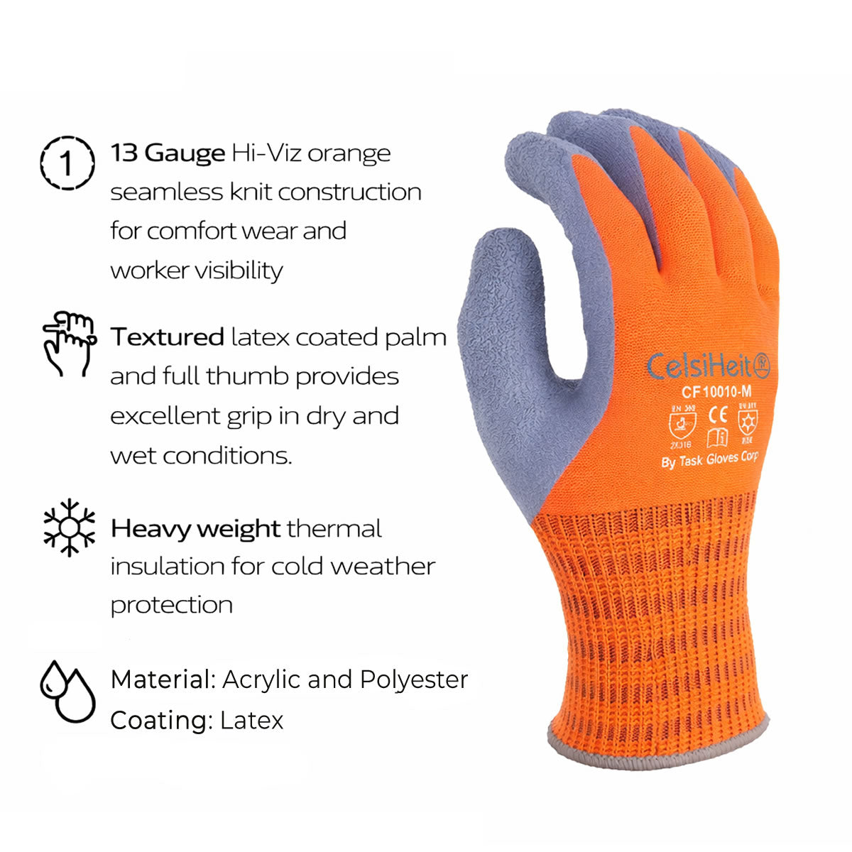 TASK CelsiHeit Hi-Vis ANSI A2 Cold Weather Latex Coated Gloves, Orange, CF10010 TASK CelsiHeit Hi-Vis ANSI A2 Cold Weather Latex Coated Gloves, Orange, CF10010