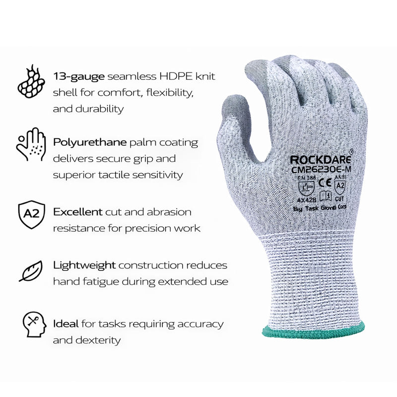 TASK CUTMAN 13G ANSI A2 Cut Resistant Polyurethane Coated Gloves, Gray, CM26230E, view 2 of 3