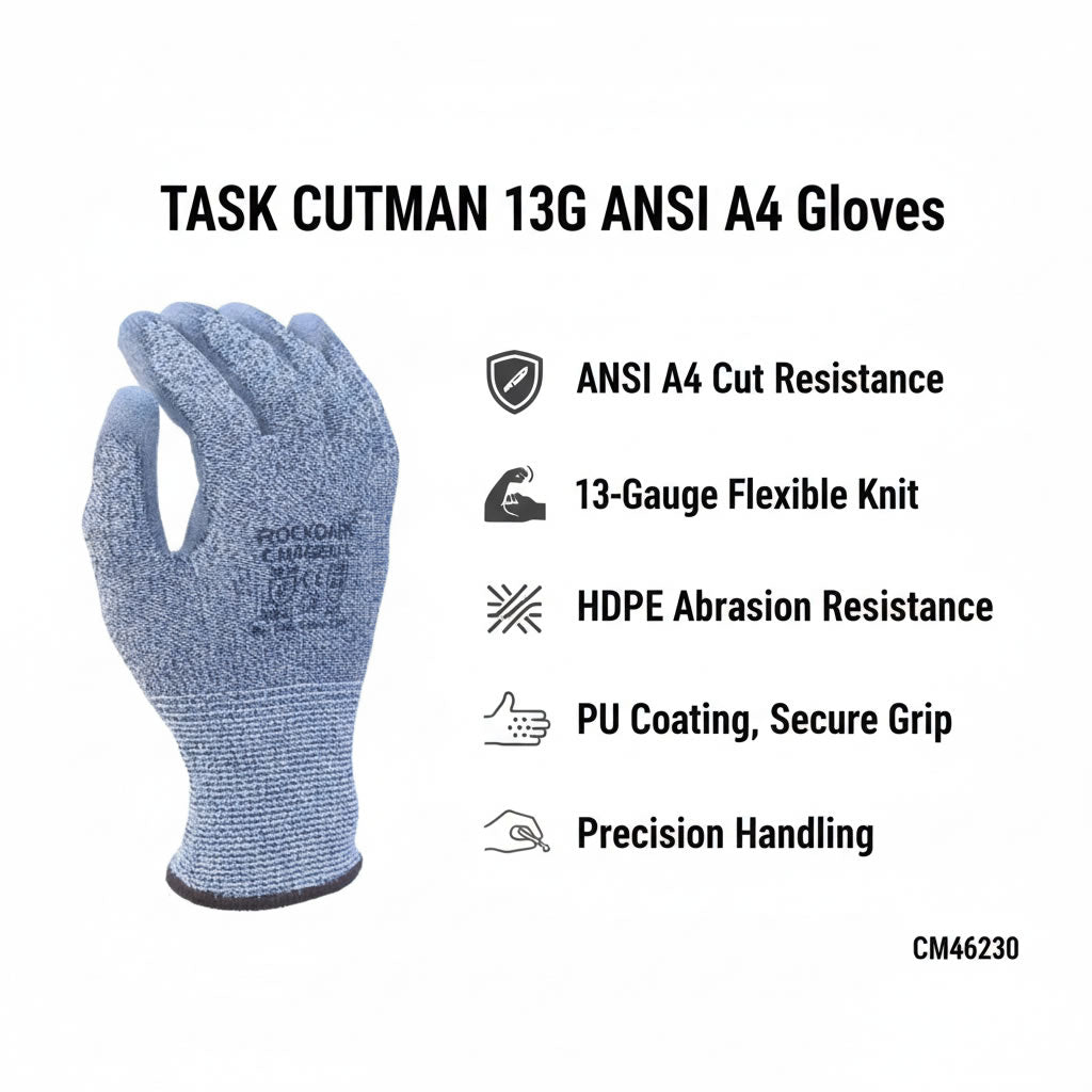 TASK CUTMAN 13G ANSI A4 Cut Resistant Polyurethane Coated Gloves, Gray, CM46230 TASK CUTMAN 13G ANSI A4 Cut Resistant Polyurethane Coated Gloves, Gray, CM46230