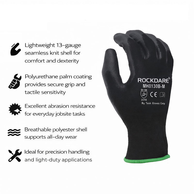 TASK 13G Black Polyurethane Coated Gloves, Black, MH8130B, view 2 of 3