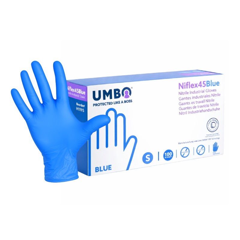 UMBO Niflex45 Nitrile Disposable Gloves, 4.5 mil, Blue, Box of 100, view 1 of 9