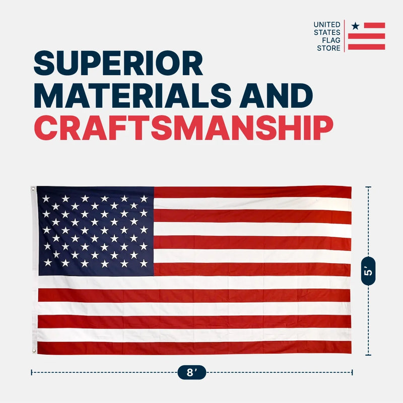 American flag with text 'Superior Materials and Craftsmanship' and 'United States Flag Store' logo.