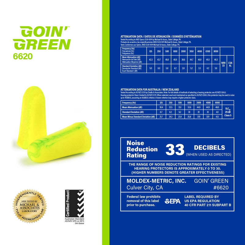 Goin' Green Disposable Earplugs NRR 33dB, USA MADE, 222200575, 200 Pair, Green, view 4 of 5