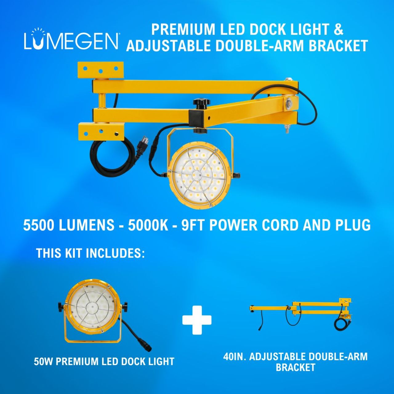50W Premium LED Dock Light - 40in. Adjustable Double-Arm Bracket - 5500 Lumens - 5000K - 9ft Power Cord and Plug 50W Premium LED Dock Light - 40in. Adjustable Double-Arm Bracket - 5500 Lumens - 5000K - 9ft Power Cord and Plug