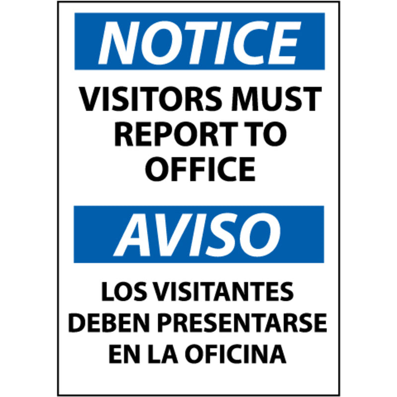 Notice, Visitors Report To Office Bilingual, 14x10, Pressure Sensitive Vinyl Sign, view 1 of 1
