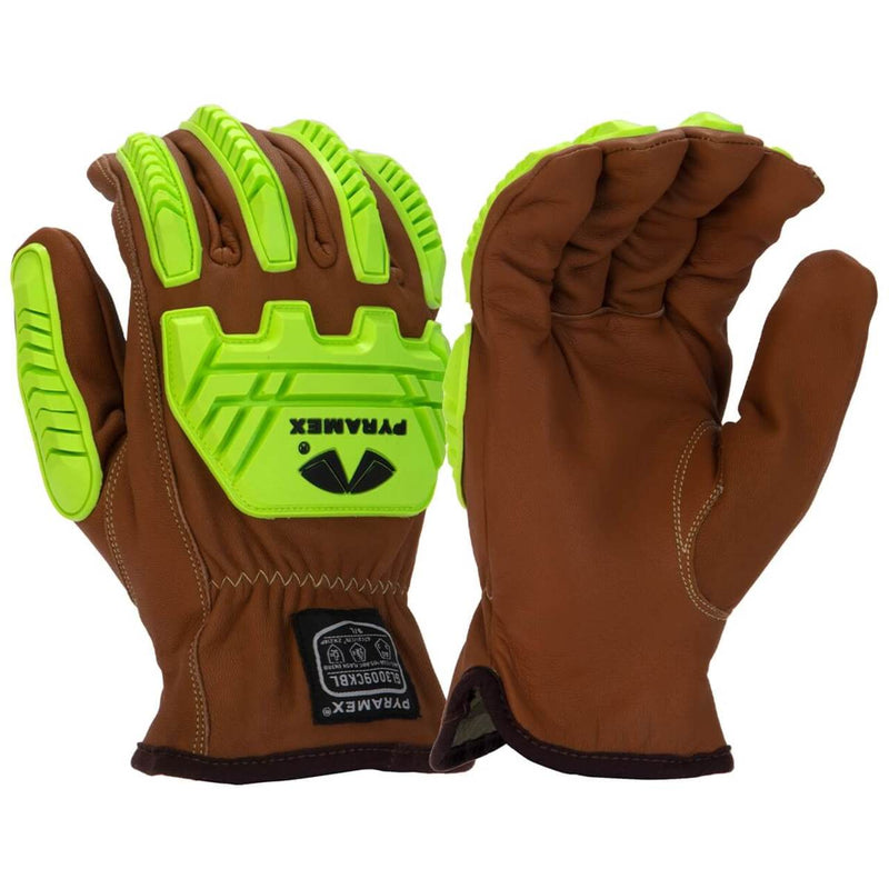 Pyramex GL3009CKB Premium Grain Goatskin Leather Driver Para-Aramid A4 Cut Level 2 Impact Gloves, Hi-Vis Green, view 1 of 3