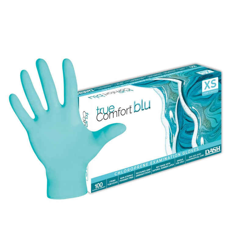 DASH True Comfort Blu Polychloroprene Exam Grade Disposable Gloves, Ocean Blue, 3.1 mil, Box of 100, view 1 of 12