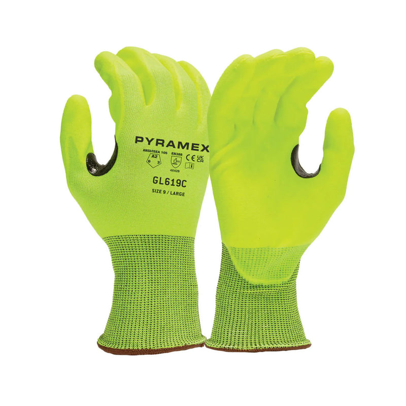 Pyramex GL619C A2 Cut Micro-Foam Nitrile Dipped Gloves, Hi-Vis Lime, view 1 of 3