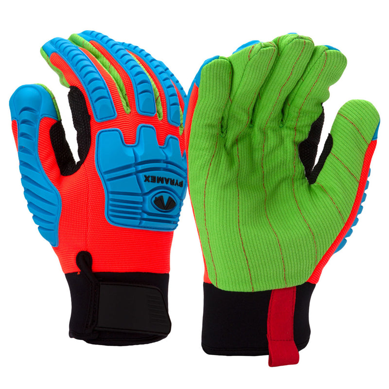 Pyramex GL804C Hi-Vis Insulated Corded Cotton A2 Cut Level 1 Impact Gloves, Blue/Green/Orange, view 1 of 3