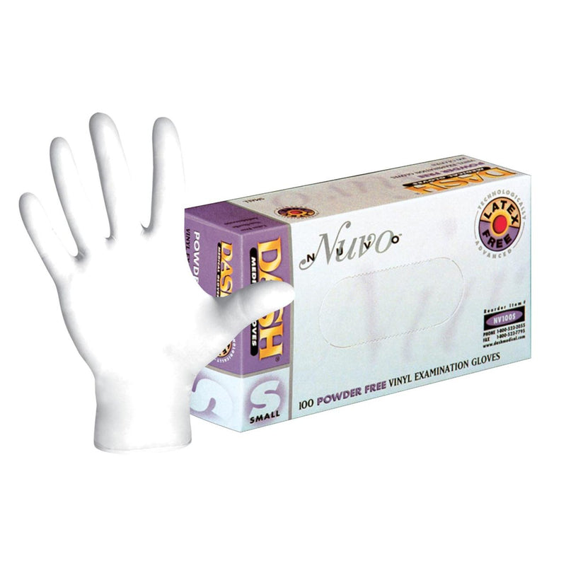 DASH Nuvo Super Stretch Vinyl Disposable Gloves, White, 2.4 mil, Box of 100, view 1 of 7