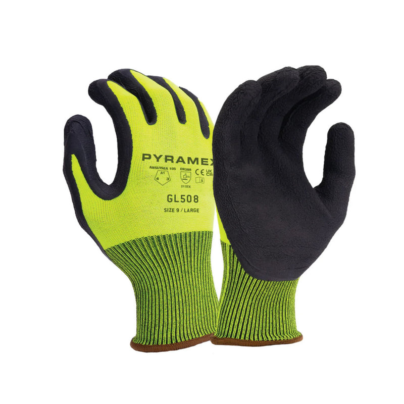 Pyramex GL508 Hi-Vis A1 Cut Foam Latex Dipped Gloves, Hiv-Vis Lime/Black, view 1 of 2