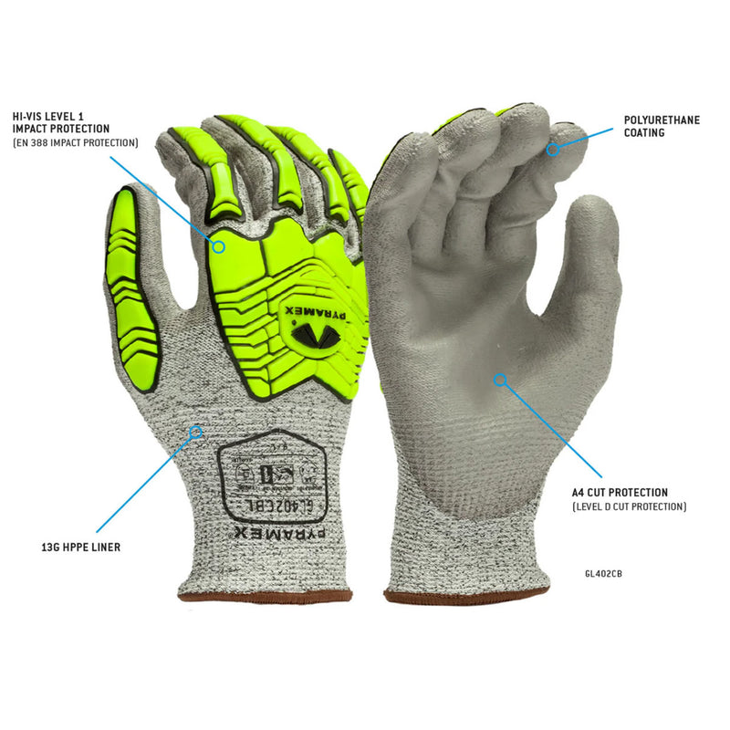 Pyramex GL402CB A4 Cut Polyurethane Dipped Level 1 Impact Gloves, Grey/Hi-Vis Lime, view 4 of 6