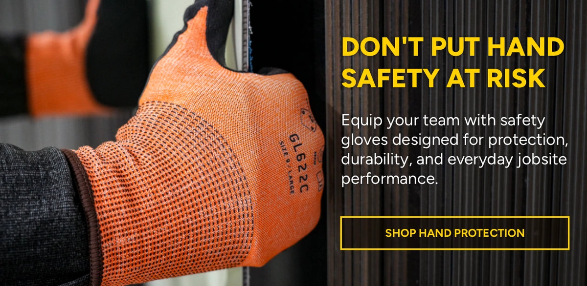 Orange safety glove with text about hand safety and product availability.