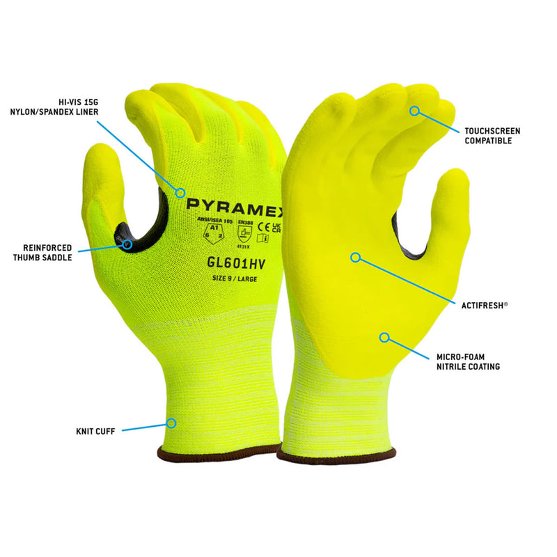 Pyramex GL601HV A1 Cut Micro-Foam Nitrile Dipped Gloves, Hi-Vis Lime, view 2 of 3
