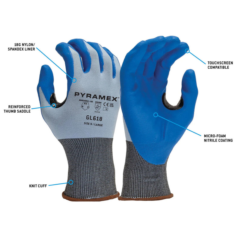 Pyramex GL618 A1 Cut Micro-Foam Nitrile Dipped Gloves, Blue, view 2 of 3