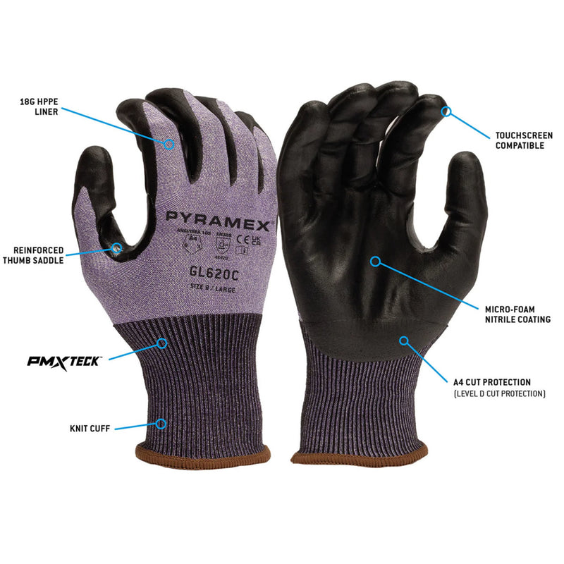 Pyramex GL620C A4 Cut Micro-Foam Nitrile Dipped Gloves, Gray/Black, view 2 of 3