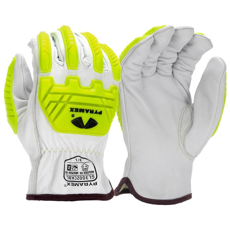 Pyramex GL3002CKB Premium Grain Goatskin Hi-Vis Leather Driver Para-Aramid A4 Cut Level 2 Impact Gloves, White, view 1 of 3