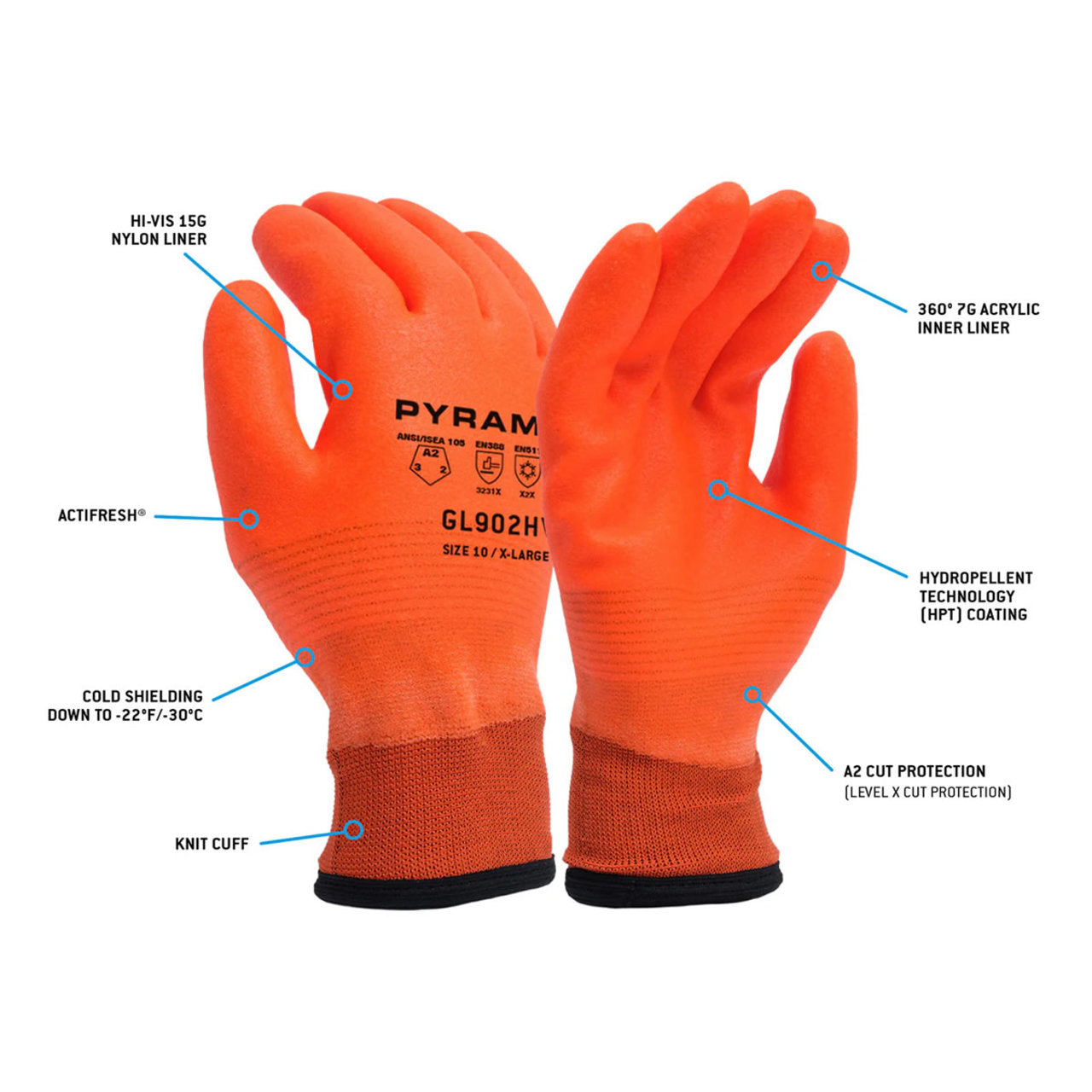 Pyramex GL902HV Hi-Vis Insulated A2 Cut HPT Dipped Gloves, Hi-Vis Orange Pyramex GL902HV Hi-Vis Insulated A2 Cut HPT Dipped Gloves, Hi-Vis Orange