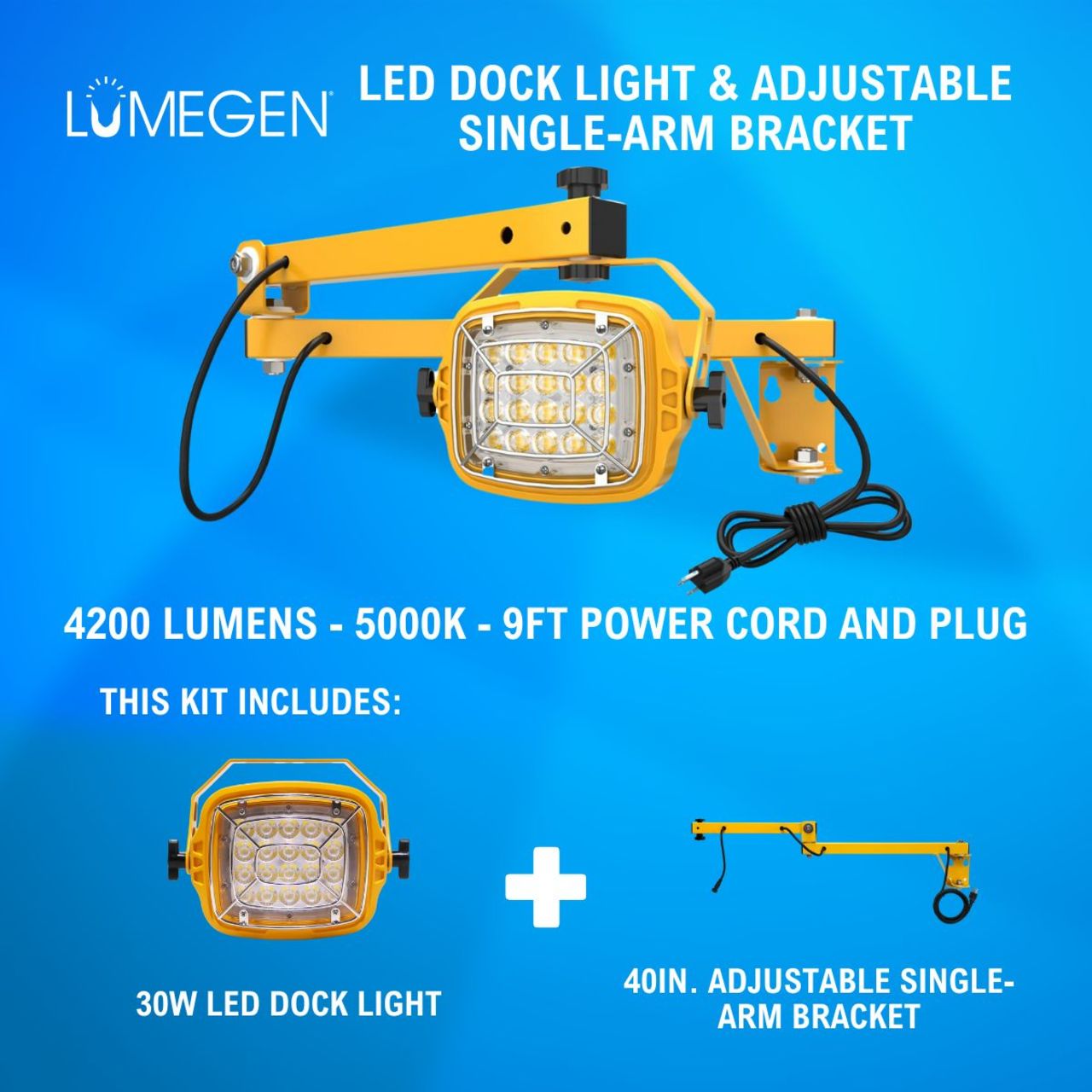 30W LED Dock Light - 40in. Adjustable Single-Arm Bracket - 4200 Lumens - 5000K - 9ft Power Cord and Plug 30W LED Dock Light - 40in. Adjustable Single-Arm Bracket - 4200 Lumens - 5000K - 9ft Power Cord and Plug