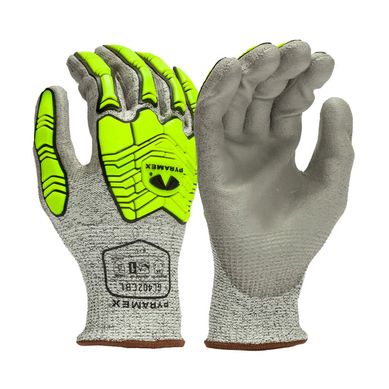 Pyramex GL402CB A4 Cut Polyurethane Dipped Level 1 Impact Gloves, Grey/Hi-Vis Lime, view 1 of 6