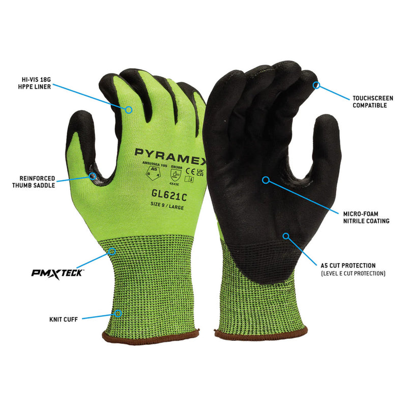 Pyramex GL621C A5 Cut Micro-Foam Nitrile Dipped Gloves, Hi-Vis Lime/Black, view 3 of 3