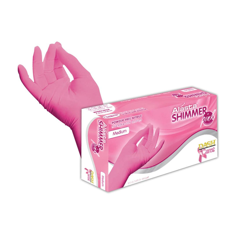 DASH Alasta Shimmer Nitrile Exam Grade Disposable Gloves, Pink, 3.9 mil, Box of 100, view 1 of 12