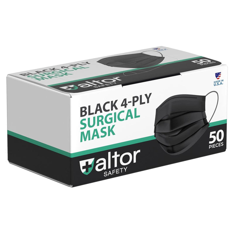 Altor Safety Surgical Mask 62222B, 4-Ply ASTM Level 2, USA Made, Black, Box of 50, view 1 of 7