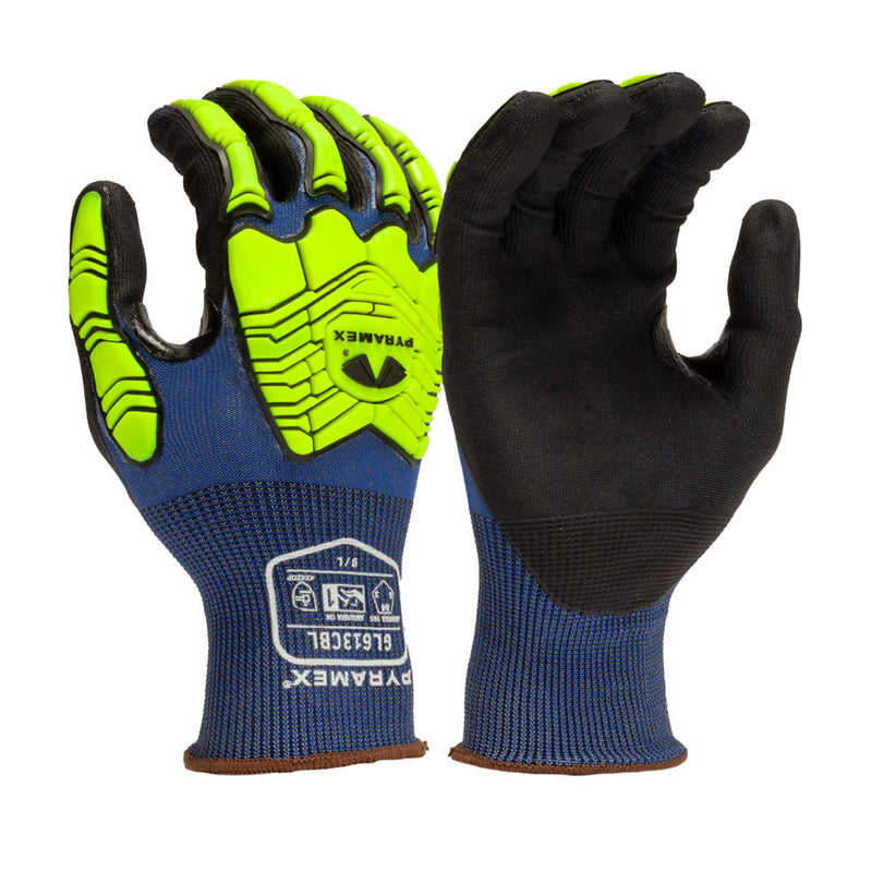 Pyramex GL613CB A4 Cut Micro-Foam Nitrile Dipped Impact 1 Gloves, Blue/Hi-Vis Lime, view 1 of 5