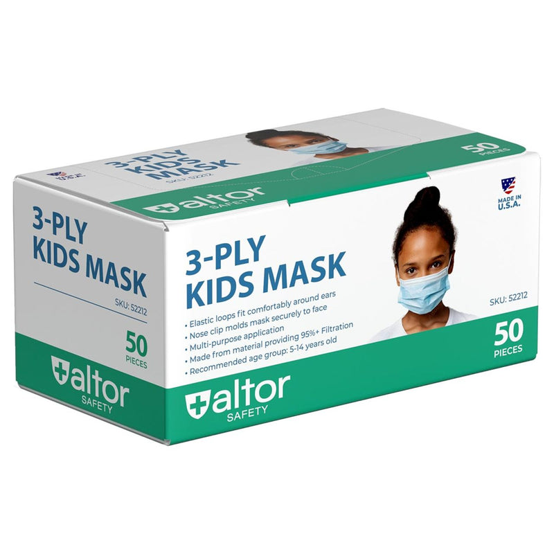 Altor Safety Kids Disposable Face Mask 52212, 3-Ply ASTM Level 2, USA Made, Blue, Box of 50, view 1 of 3
