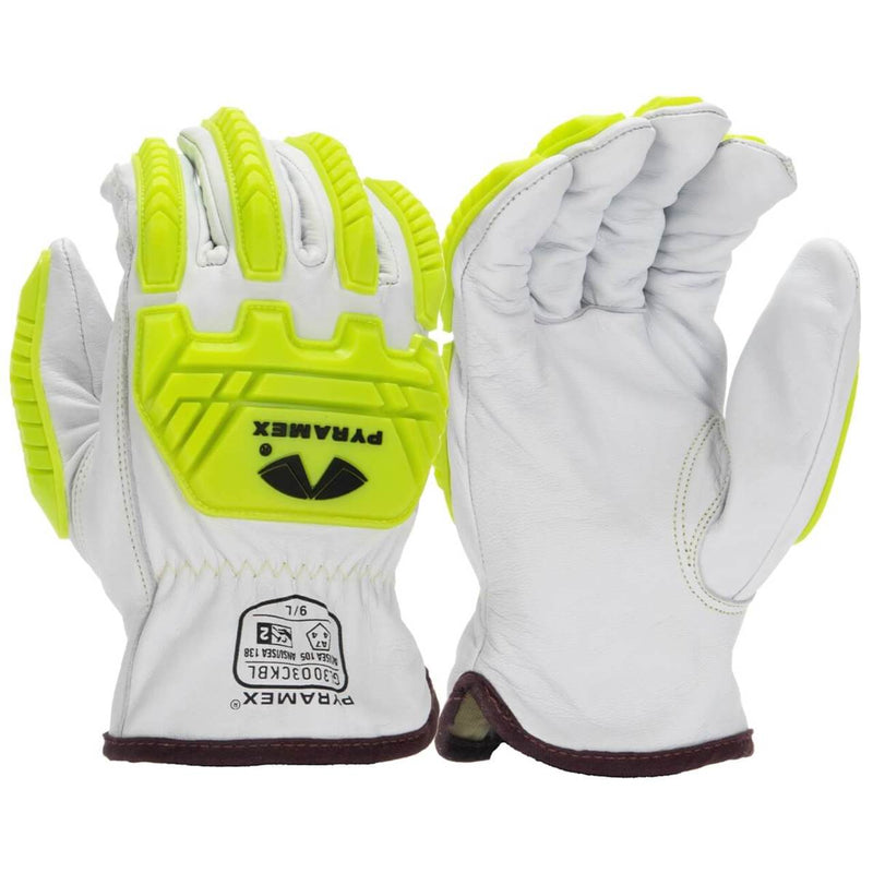 Pyramex GL3003CKB Premium Grain Goatskin Leather Driver Para-Aramid A7 Cut Level 2 Impact Gloves, Hi-Vis Green, view 1 of 3