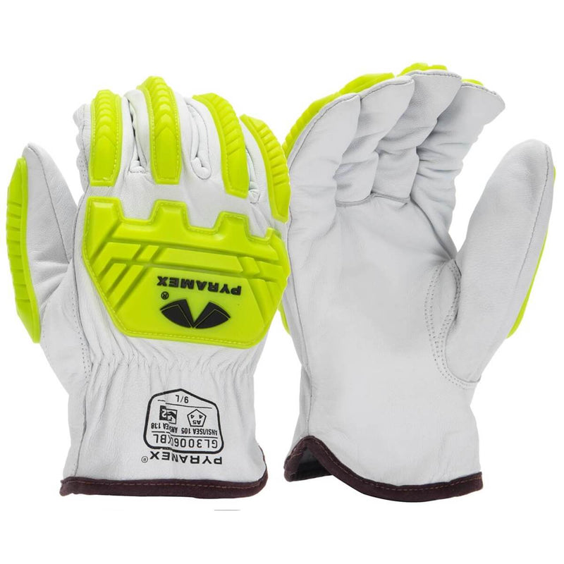 Pyramex GL3006CKB Premium Grain Goatskin Hi-Vis Leather Driver HPPE A5 Cut Level 2 Impact Gloves, White, view 1 of 2