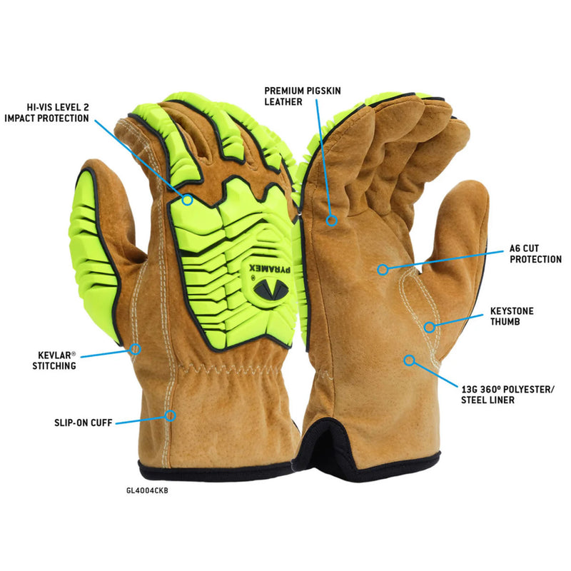 Pyramex GL4004CKB Pigskin Impact Leather Driver Gloves, Brown/Hi-Vis Lime, view 3 of 3