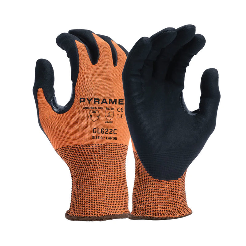 Pyramex GL622C Hi-Vis A6 Cut Micro-Foam Nitrile Dipped Gloves, Hi-Vis Orange/Black, view 1 of 3
