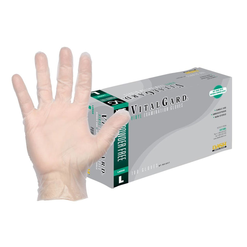 DASH VitalGard Vinyl Exam Grade Disposable Gloves, Clear, 3.9 mil, Box of 100, view 1 of 11