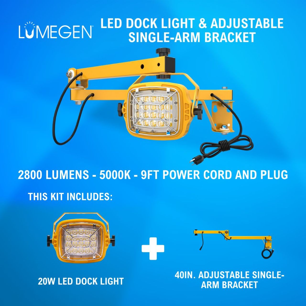 20W LED Dock Light - 40in. Adjustable Single-Arm Bracket - 2800 Lumens - 5000K - 9ft Power Cord and Plug 20W LED Dock Light - 40in. Adjustable Single-Arm Bracket - 2800 Lumens - 5000K - 9ft Power Cord and Plug