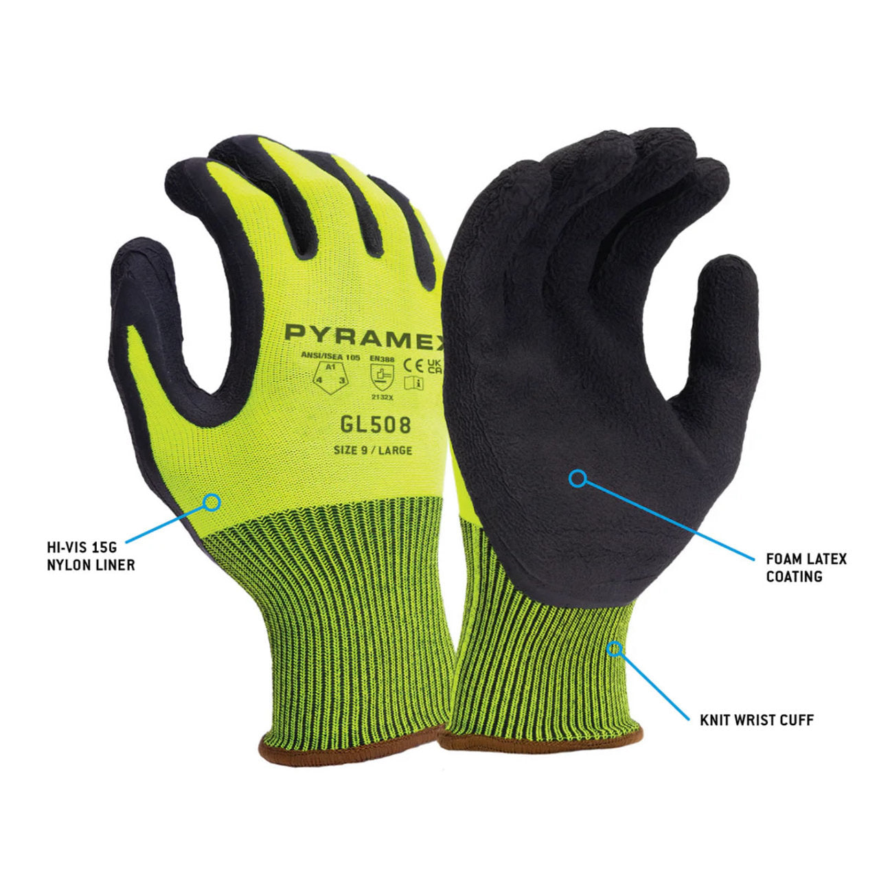 Pyramex GL508 Hi-Vis A1 Cut Foam Latex Dipped Gloves, Hiv-Vis Lime/Black Pyramex GL508 Hi-Vis A1 Cut Foam Latex Dipped Gloves, Hiv-Vis Lime/Black