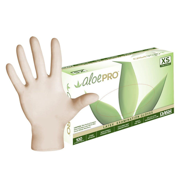 DASH AloePro Latex Exam Grade Disposable Gloves, Natural, 5.1 mil, Box of 100, view 1 of 11