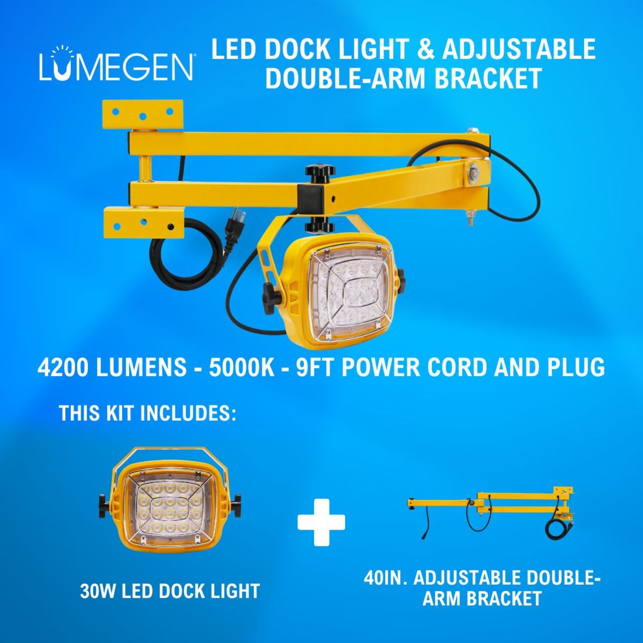 30W LED Dock Light - 40in. Adjustable Double-Arm Bracket - 4200 Lumens - 5000K - 9ft Power Cord and Plug 30W LED Dock Light - 40in. Adjustable Double-Arm Bracket - 4200 Lumens - 5000K - 9ft Power Cord and Plug
