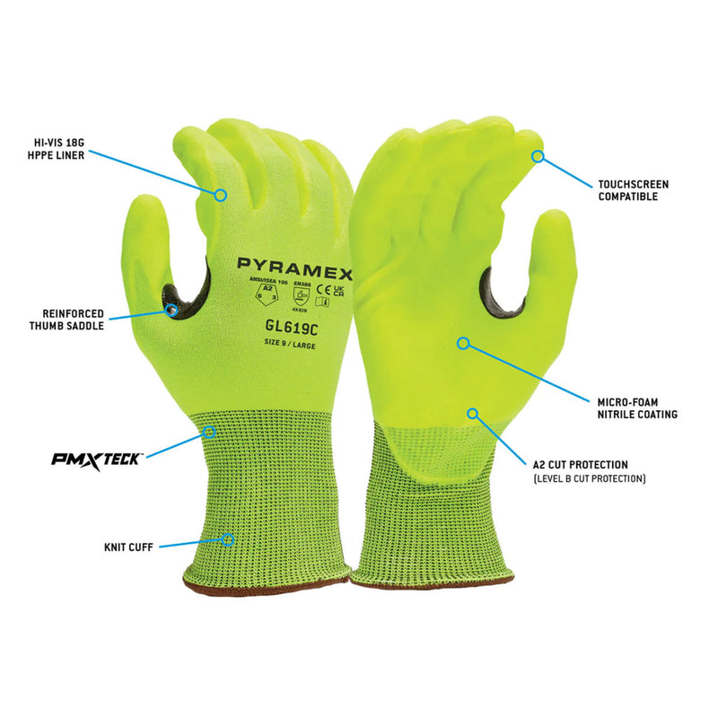 Pyramex GL619C A2 Cut Micro-Foam Nitrile Dipped Gloves, Hi-Vis Lime, view 2 of 3