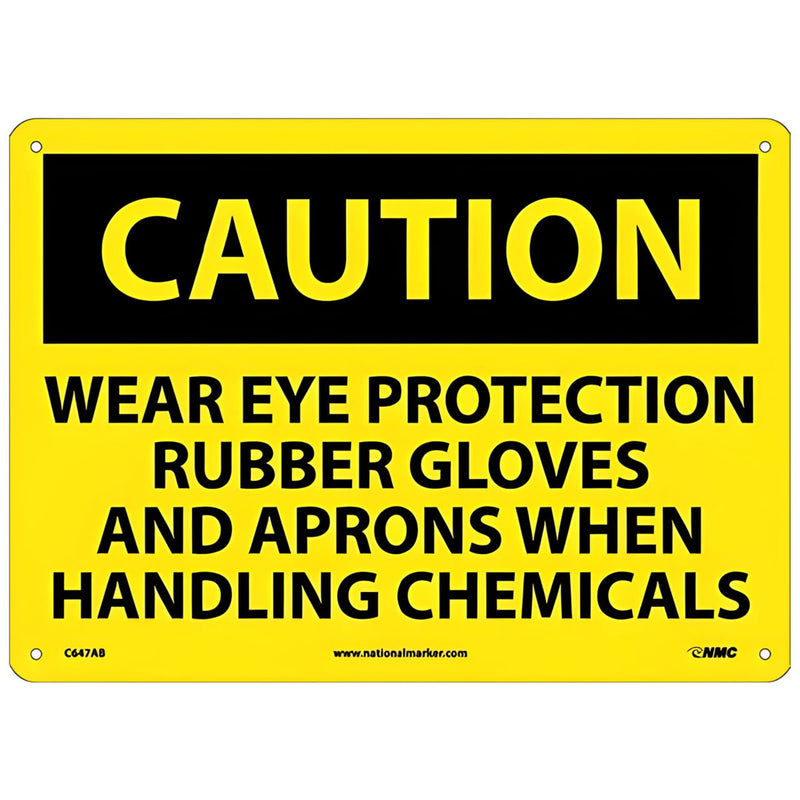 Caution Wear Eye Protection Rubber Gloves And Aprons When Handling Chemicals 10x14 .040 Aluminum Sign, view 1 of 2