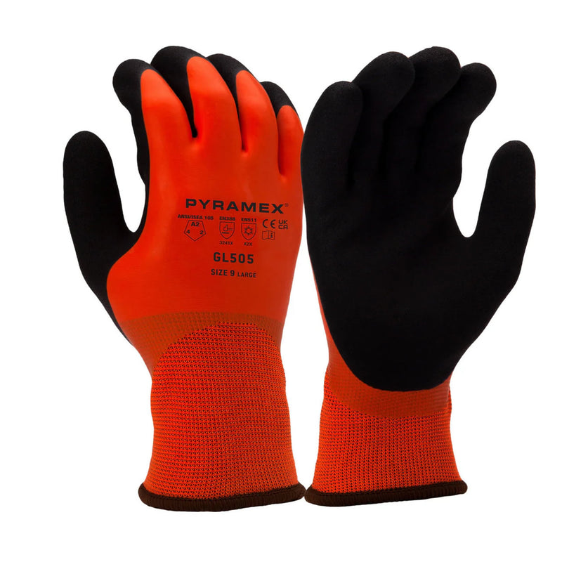 Pyramex GL505 Insulated A2 Cut Double Dipped Sandy Latex Coated Gloves, Hi-Vis Orange, view 1 of 3