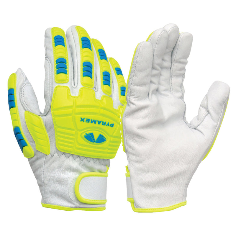 Pyramex GL3004CW Premium Grain Goatskin Hi-Vis Leather Driver A7 Cut Level 1 Impact Gloves, White, view 1 of 4