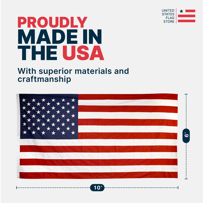6'x10' American flag with dimensions, labeled "Proudly Made in the USA" with superior materials and craftsmanship.