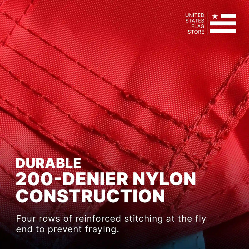 Close-up of durable 200-denier nylon construction with four rows of reinforced stitching at the fly end.