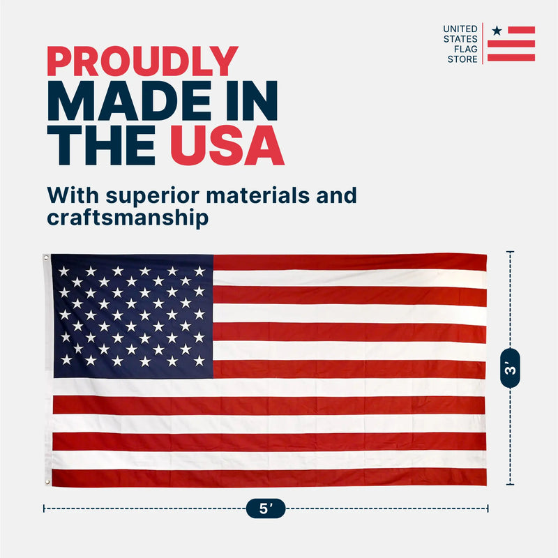 American flag with text 'Proudly Made in the USA' and dimensions on a white background.