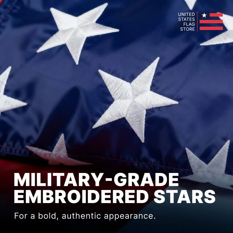 Close-up of military-grade embroidered stars on a blue nylon field for a bold, authentic appearance.